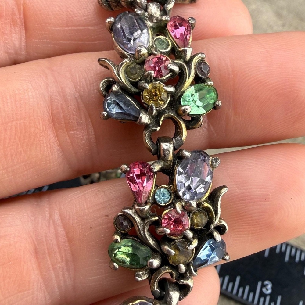 Vintage Hollycraft Bracelet Multi Color Pastel Rhinestone Floral 1950 7in - Picture 10 of 16